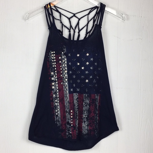 Almost Famous Tops - Flag Graphic Tank Top Macrame Red Blue studs Sm